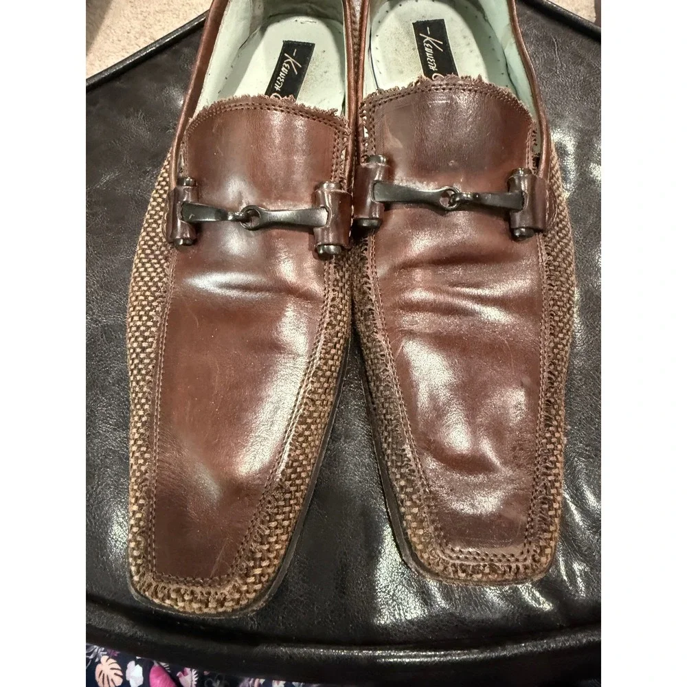 Kenneth‎ Cole New York Mens Brown Leather Woven Square Toe 8.5 made in italy